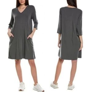 Eileen Fisher Gray Stretch Jersey V-Neck A-Line Organic Cotton Women’s Dress